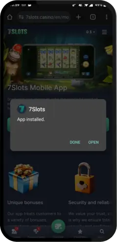 7Slots uygulaması yüklendikten sonra aç düğmesine tıklama